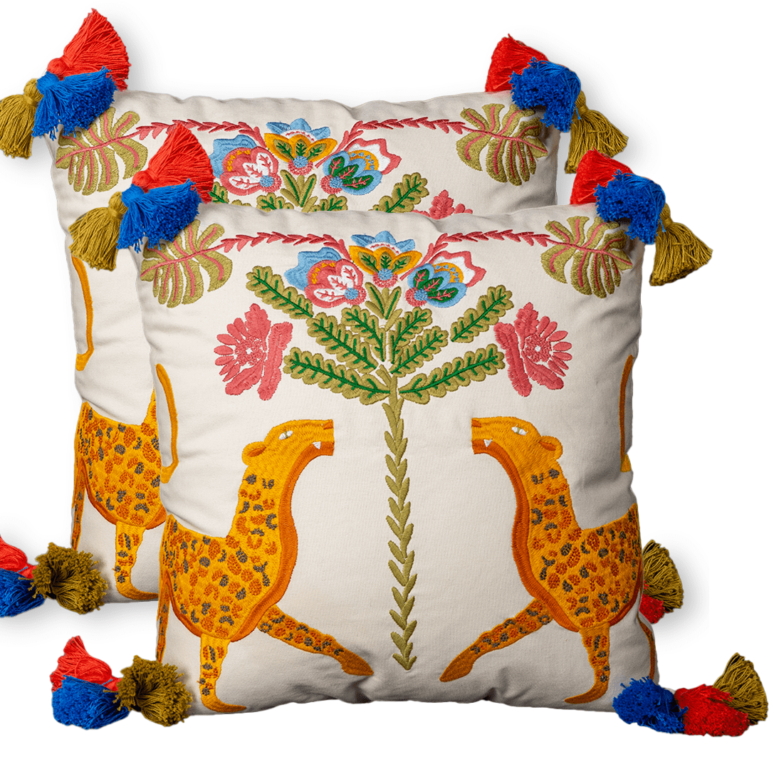 2er Set Kissenhülle Leo 45x45 cm aus Baumwolle – Bestickter Dekokissen Bezug - von strohdeicher design19195